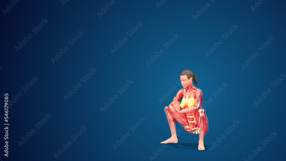 3D human Upavesasana or Squat—Sitting-Down yoga pose on blue background 3D human Upavesasana or Squat—Sitting-Down yoga pose on blue background
