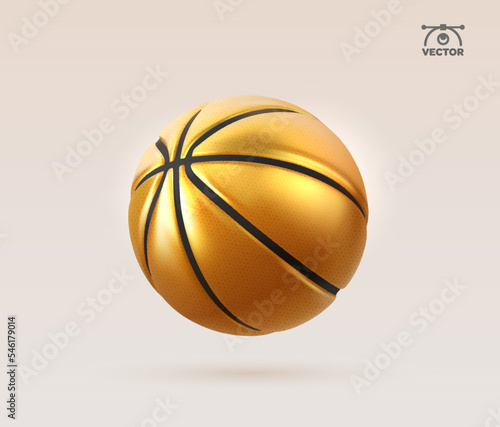 3d vector realistic golden basketball isolated design element on light background.