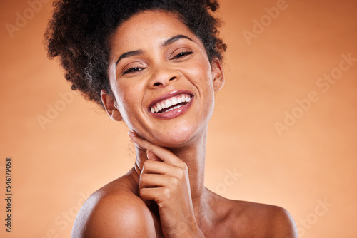 Black woman, beauty and smile for skincare, makeup or cosmetics against a studio background. Portrait of African American female smiling in satisfaction for healthy cosmetic or facial treatment