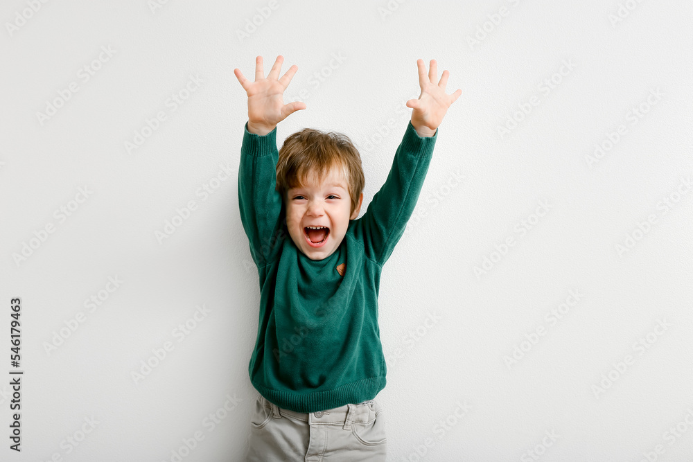 Cute little boy with raised hands up with happiness on white wall background - obrazy, fototapety, plakaty 