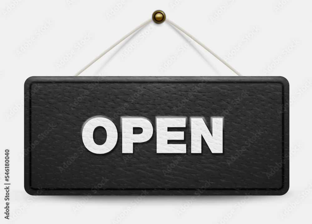 Black leather shop door sign hangs on a white background. The leather