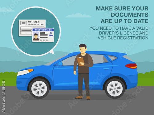 Safe car driving tips and traffic regulation rules. Young male driver checking the documents. Make sure your documents are up to date. Flat vector illustration template.