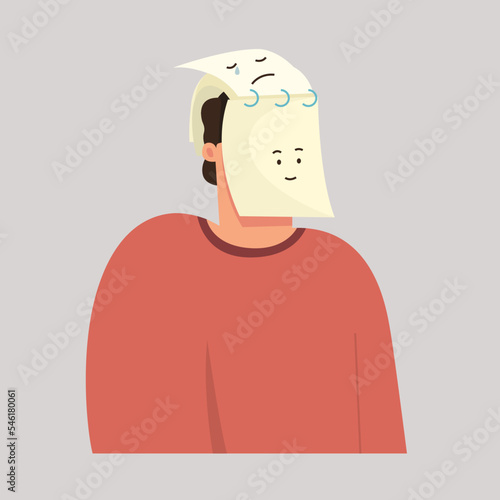 Mood masks with fake smiles. Masked men hide their feelings of fake smiles. Vector illustration.