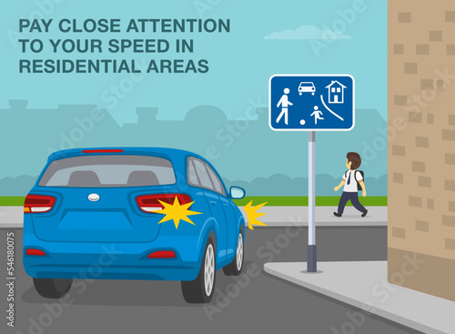 Safe car driving tips and traffic regulation rules. Suv turns right on sharp turn with "Residential area" sign. Pay close attention to your speed in living street. Flat vector illustration template.