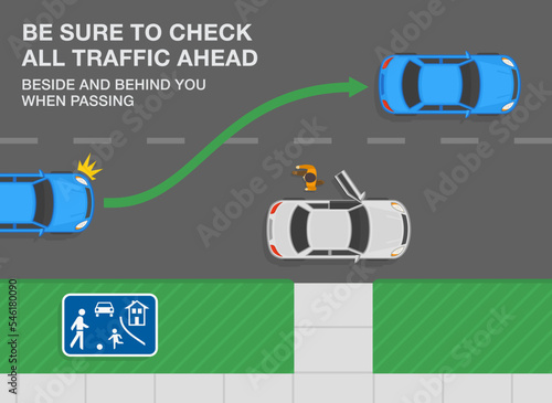 Safe car driving tips and traffic regulation rules. Blue sedan car passing white car on road. Be sure to check all traffic ahead before overtake in residential area. Flat vector illustration.