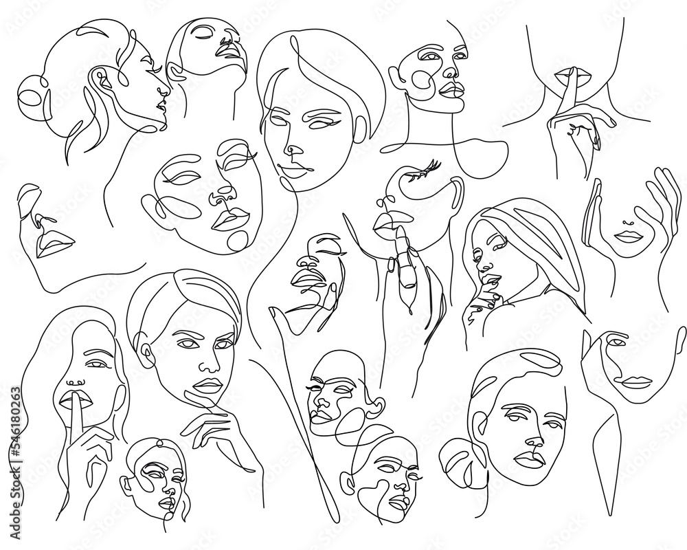 Women Abstract Faces Modern Line Art Drawing Set. Female Faces Modern ...