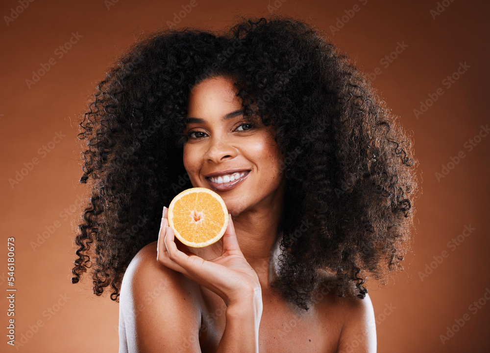 Orange, health and face of a black woman with fruit for skincare, nutrition and marketing