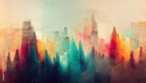 Abstract artwork. Urban skyline. Foggy cityscape. Defocused orange blue pink color watercolor painting creative design collage art background.