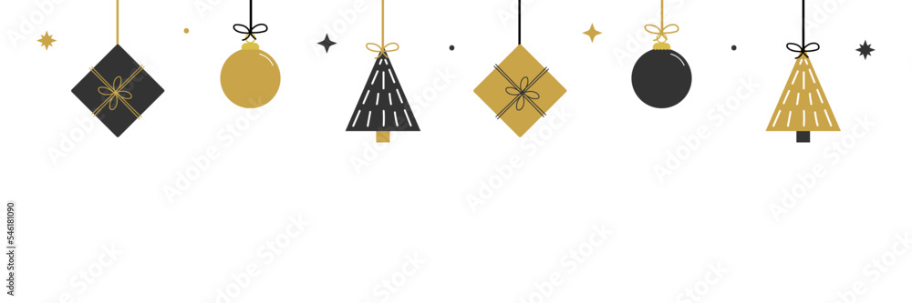 Wide horizontal vector illustration, banner, header for winter holidays design with black and gold christmas trees, christmas ornaments and gifts hanging on ropes.
 - obrazy, fototapety, plakaty 