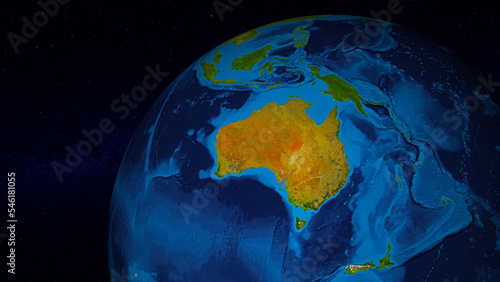 Fototapeta Naklejka Na Ścianę i Meble -  Earth globe zoomed and focused on Australia continent. Day side of Earth without clouds illuminated by sunshine and stars of universe on background. Elements of this image furnished by NASA