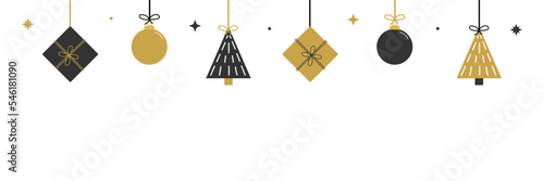 Wide horizontal vector illustration, banner, header for winter holidays design with black and gold christmas trees, christmas ornaments and gifts hanging on ropes.
