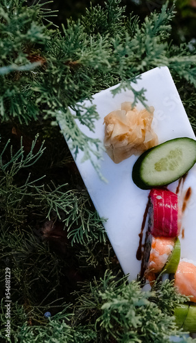 tempura sushi with sauce on a rectangular plate