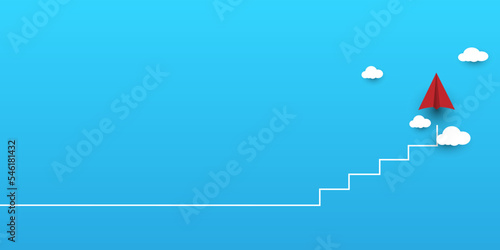 Progress, development concept. Origami planes flying up stairs. Professional, personal growth, success. an independent thinker with new ideas as an individual breaking