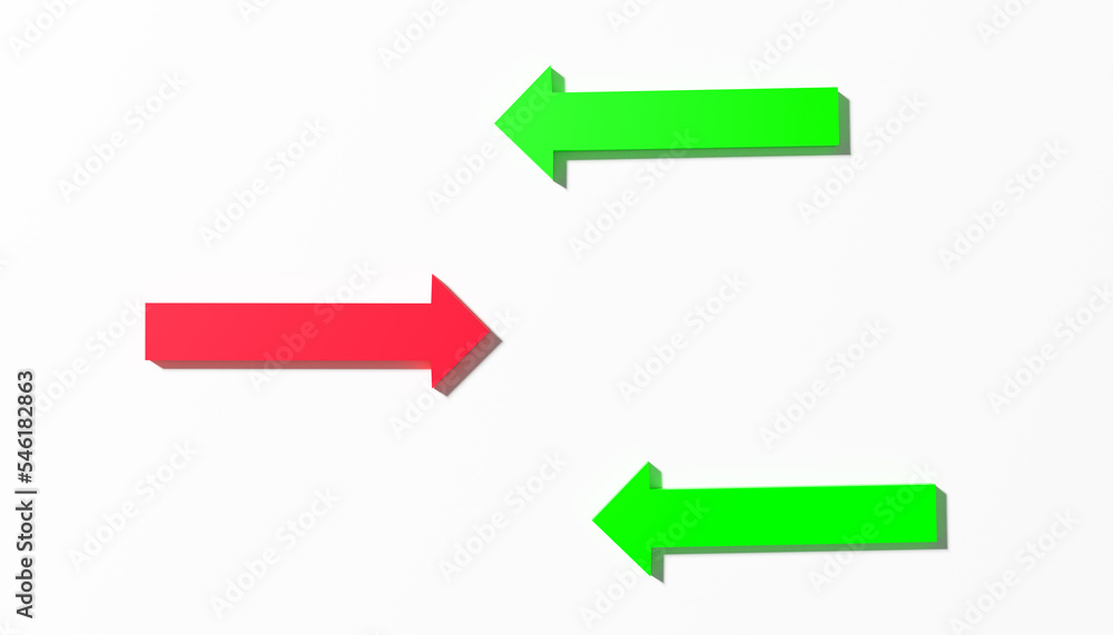 Abstract 3d-illustration of two green and one red arrows in front of a white background as a symbol for opposite trend and work Abstract 3d-illustration of two green and one red arrows in front of a white background as a symbol for opposite trend and work