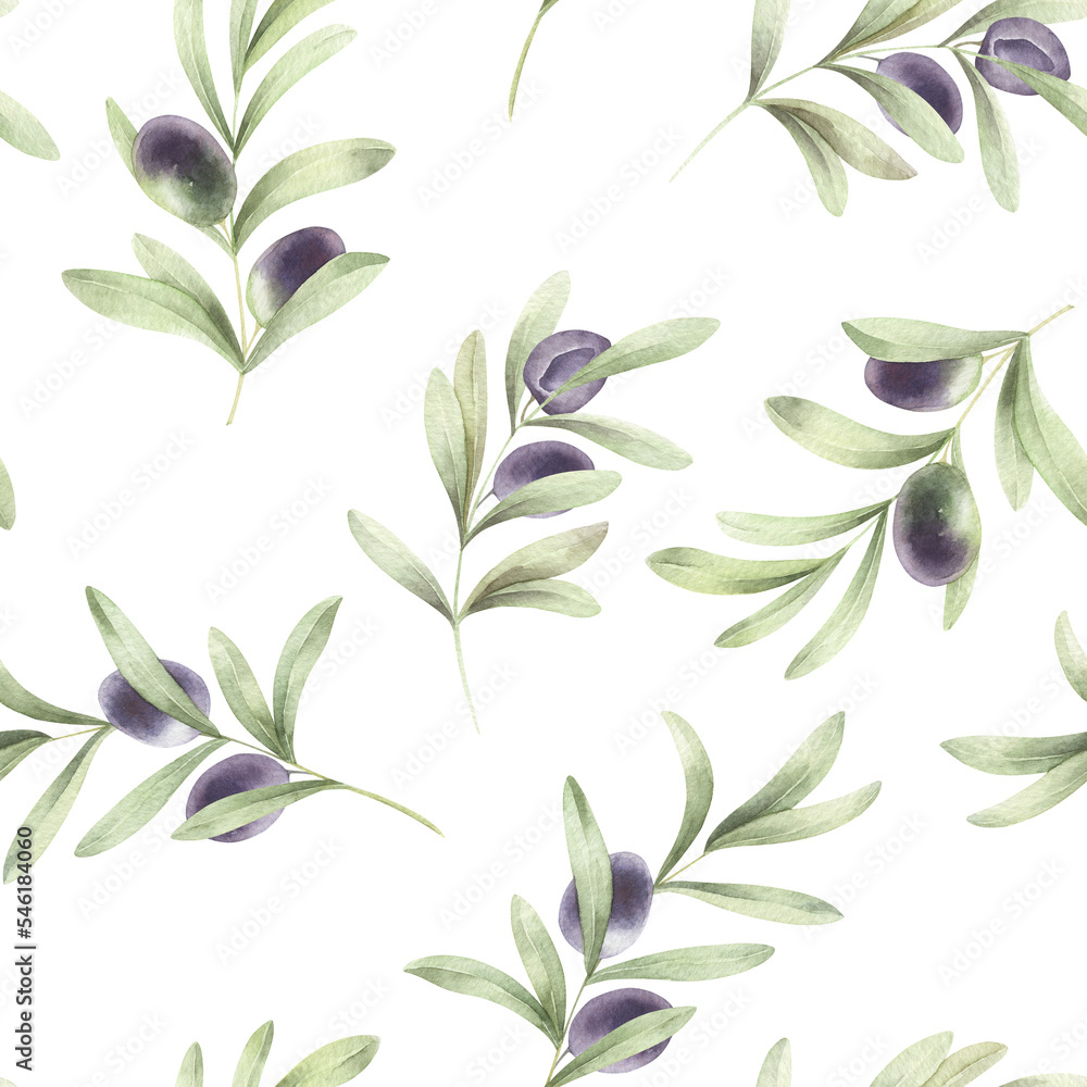 Watercolor seamless floral pattern. Simple pattern with hand painted olive branches in white. Watercolor wallpaper for design and decorating.