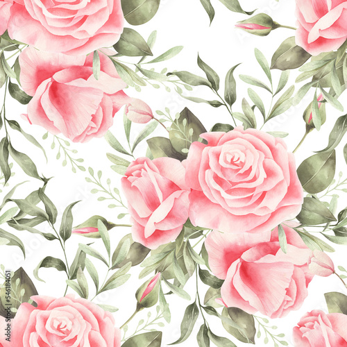 Watercolor pink rose background. Floral pattern with pink roses isolated.