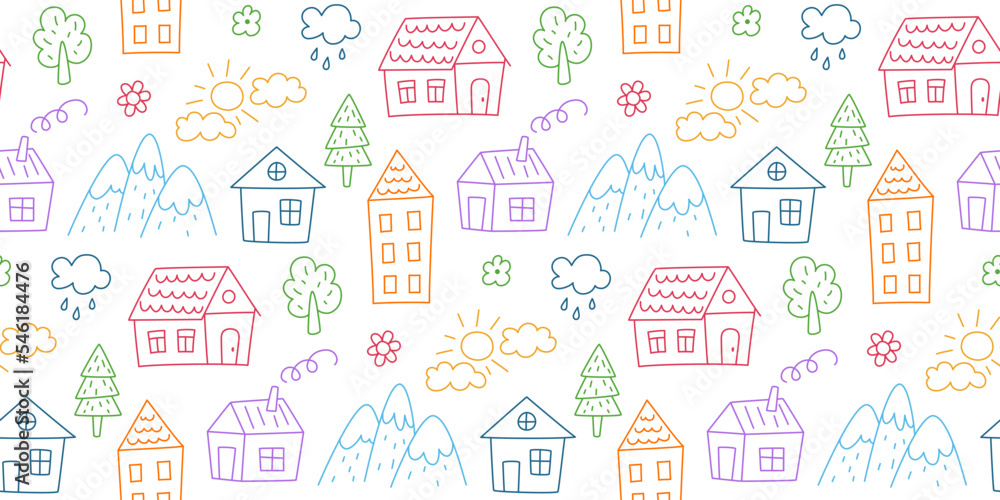 Seamless pattern with children drawings. Kids doodle houses, mountains and trees. Hand drawn childish pattern with fairy town. Cute baby texture. Vector illustration on white background.