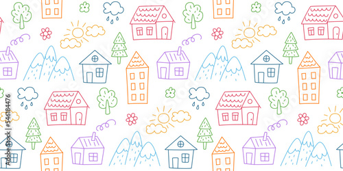 Seamless pattern with children drawings. Kids doodle houses, mountains and trees. Hand drawn childish pattern with fairy town. Cute baby texture. Vector illustration on white background.