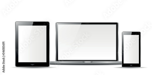 smartphone, tablet and laptop set with blank screen saver isolated on white background. realistic and detailed devices mockup. stock vector illustration