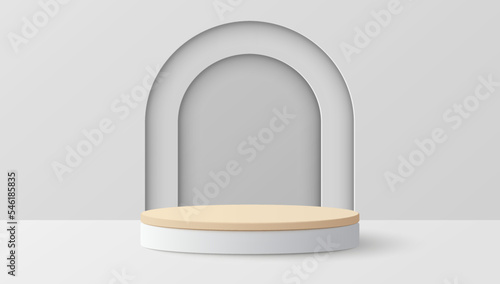 Paper cut of minimal scene with wood cylinder podium on grey background. Product presentation, mock up, show cosmetic. Vector illustration