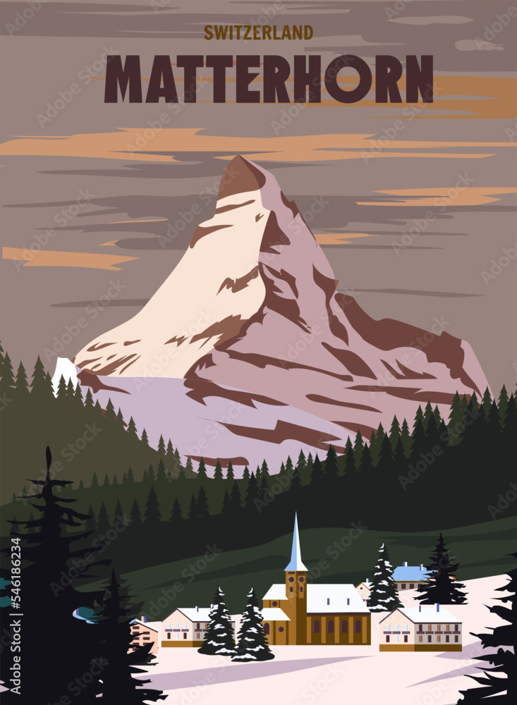 Matterhorn Ski resort poster, retro. Alpes Winter travel card