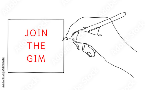 JOIN THE GYM. Message on paper about sports motivation and health lifestyle. Editable hand drawn contour. Sketch in minimalist style. Vector