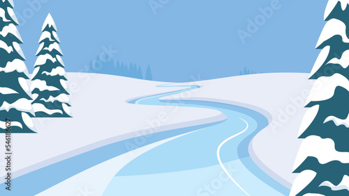 Winter landscape, a frozen river among a field in the snow and fir trees