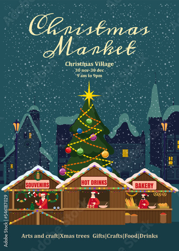 Poster Christmas Market template. Xmas fair card with decorated Christmas tree
