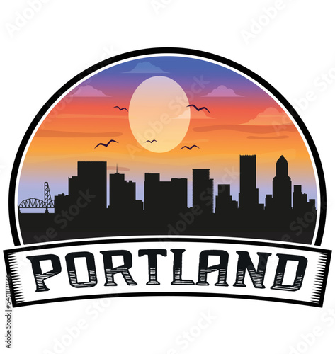Portland Oregon USA Skyline Sunset Travel Souvenir Sticker Logo Badge Stamp Emblem Coat of Arms Vector Illustration EPS
