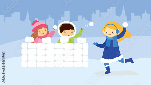 children playing snowballs from a snow barricade