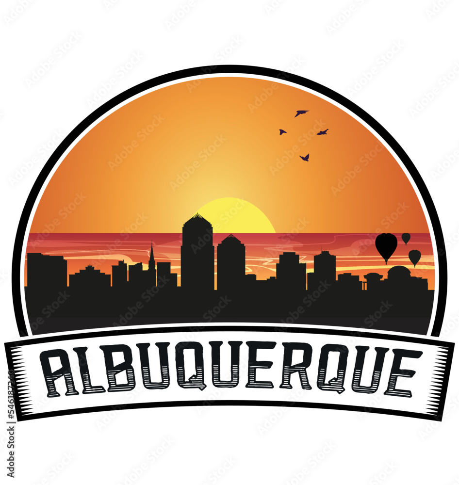 Albuquerque New Mexico USA Skyline Sunset Travel Souvenir Sticker Logo Badge Stamp Emblem Coat of Arms Vector Illustration EPS