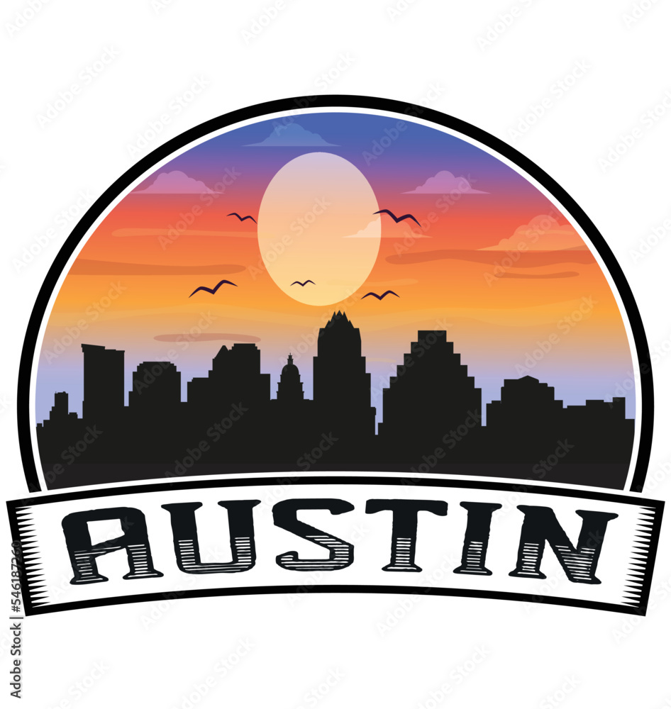 Austin Texas USA Skyline Sunset Travel Souvenir Sticker Logo Badge Stamp Emblem Coat of Arms Vector Illustration EPS