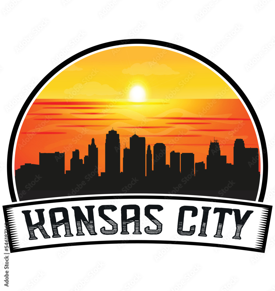 Kansas City Missouri USA Skyline Sunset Travel Souvenir Sticker Logo Badge Stamp Emblem Coat of Arms Vector Illustration EPS