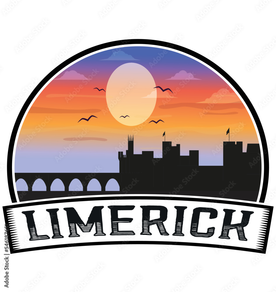 Vetor de Limerick Ireland Skyline Sunset Travel Souvenir Sticker Logo