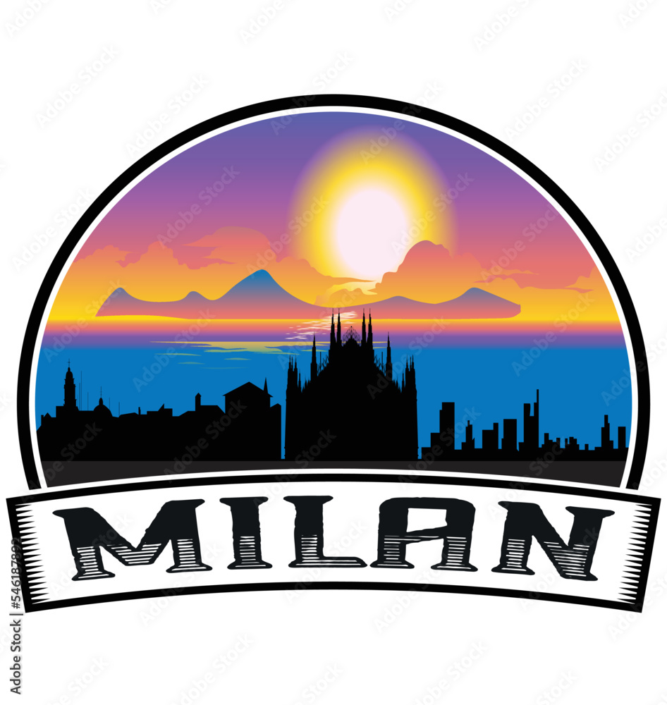 Milan Italy Skyline Sunset Travel Souvenir Sticker Logo Badge Stamp Emblem Coat of Arms Vector Illustration EPS