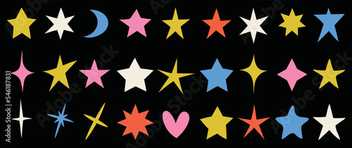 Hand drawn black star vector set on white background. Different shape and style of black star icons, crescent, heart, sparkle. Design illustration for sticker, tattoo, comic, decoration, card, poster.