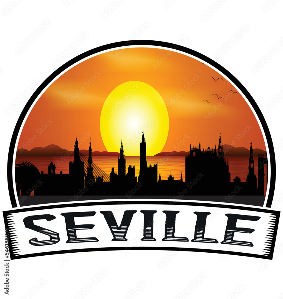 Seville Spain Skyline Sunset Travel Souvenir Sticker Logo Badge Stamp Emblem Coat of Arms Vector Illustration EPS
