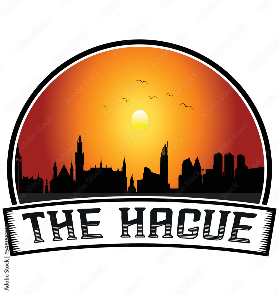 The Hague Netherlands Skyline Sunset Travel Souvenir Sticker Logo Badge Stamp Emblem Coat of Arms Vector Illustration EPS