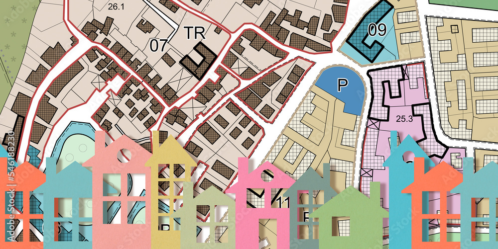 Conceptual cityscape with cardboard buildings and imaginary General Urban Plan with zoning regulations and zoning districts