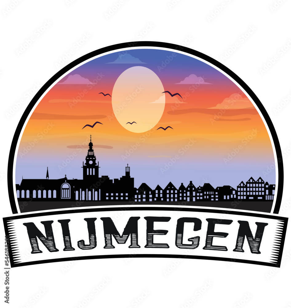 Nijmegen Netherlands Skyline Sunset Travel Souvenir Sticker Logo Badge Stamp Emblem Coat of Arms Vector Illustration EPS