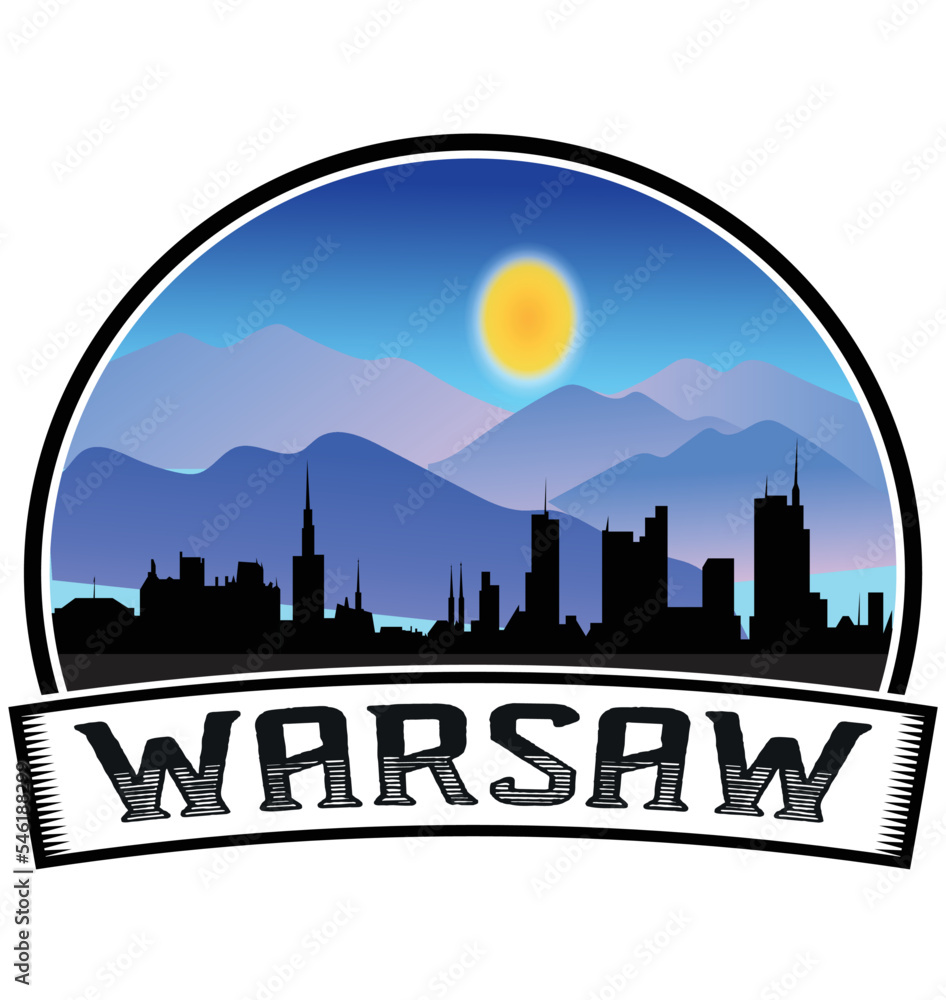 Warsaw Poland Skyline Sunset Travel Souvenir Sticker Logo Badge Stamp Emblem Coat of Arms Vector Illustration EPS
