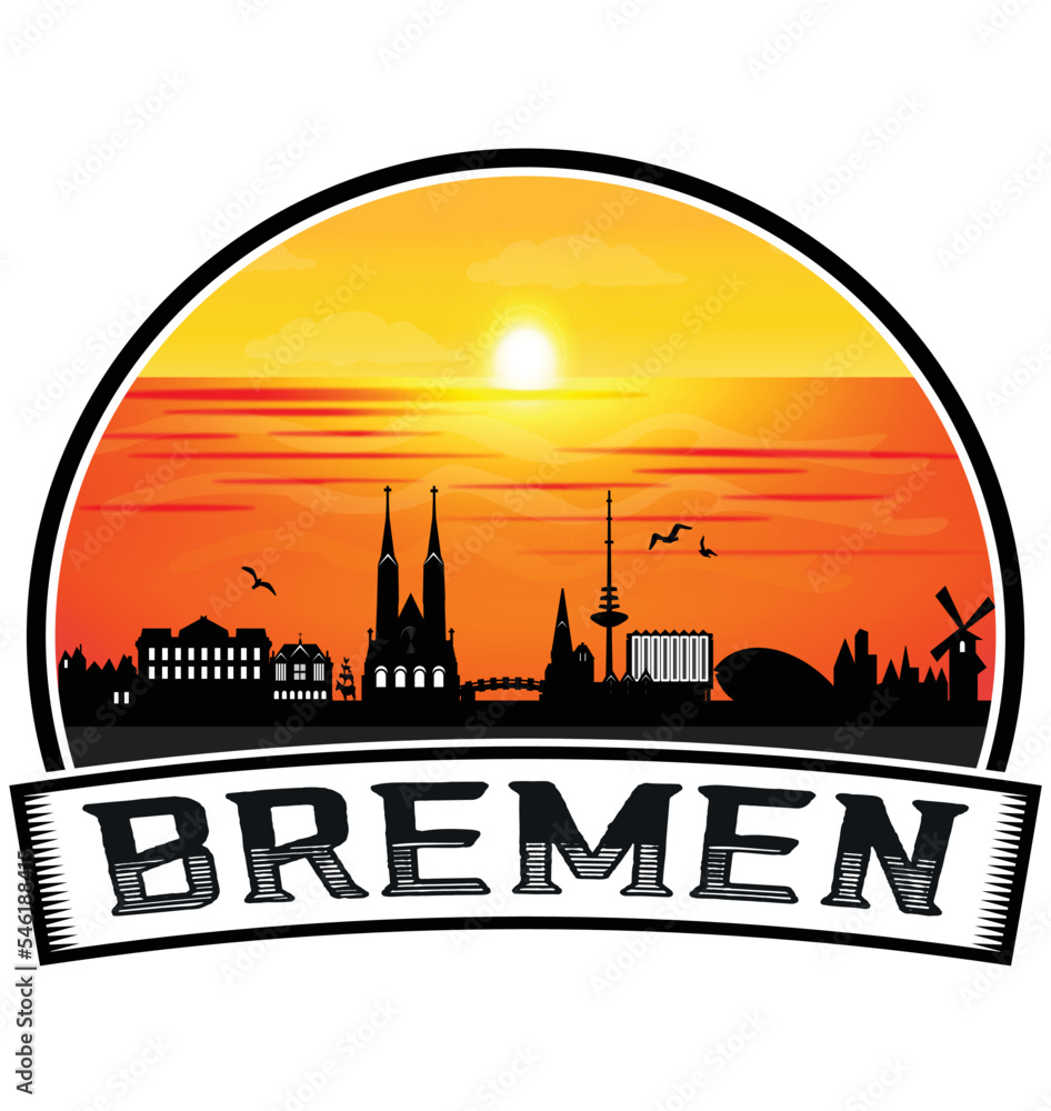 Bremen Germany Skyline Sunset Travel Souvenir Sticker Logo Badge Stamp Emblem Coat of Arms Vector Illustration EPS