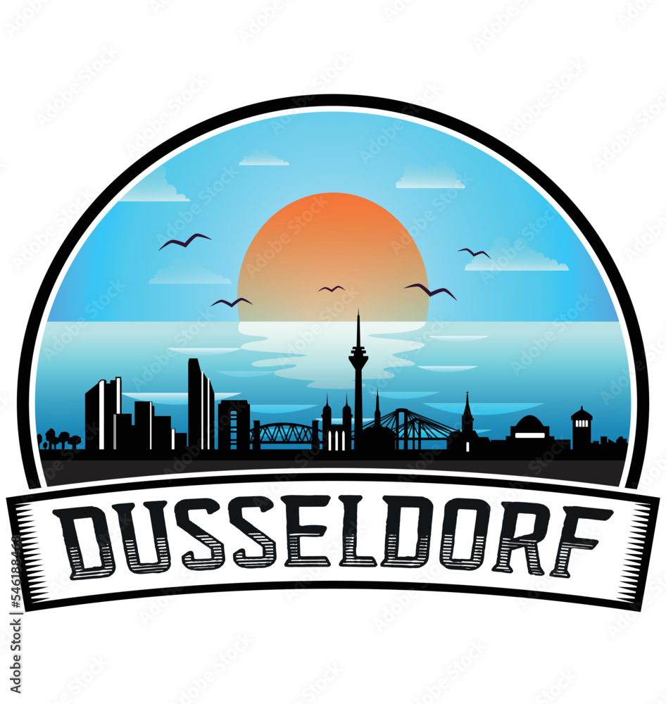 Dusseldorf Germany Skyline Sunset Travel Souvenir Sticker Logo Badge Stamp Emblem Coat of Arms Vector Illustration EPS