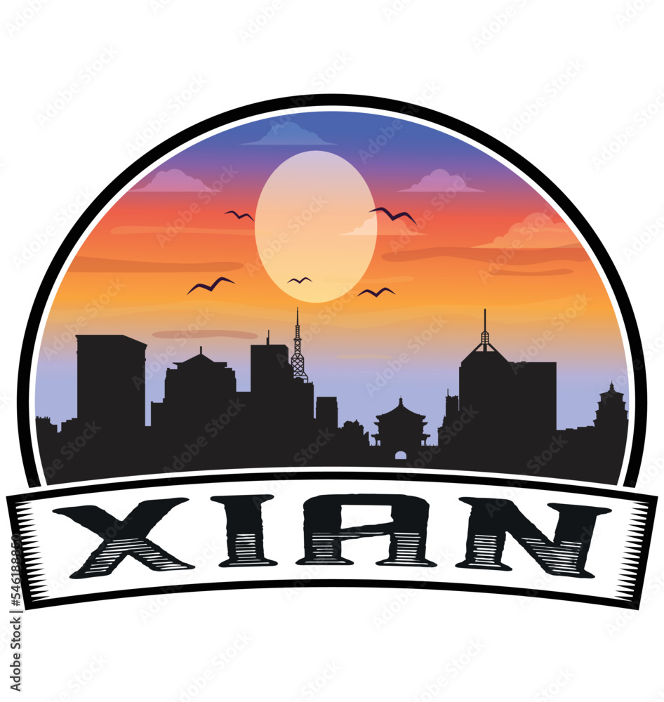 Xian China Skyline Sunset Travel Souvenir Sticker Logo Badge Stamp Emblem Coat of Arms Vector Illustration EPS