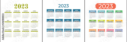 Calendar 2023. Square vector calender design template. English color set. Week starts on Sunday