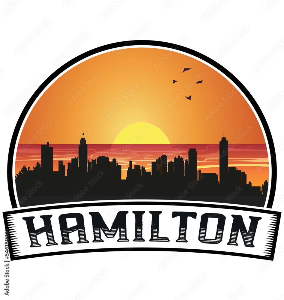 Hamilton Canada Skyline Sunset Travel Souvenir Sticker Logo Badge Stamp Emblem Coat of Arms Vector Illustration EPS