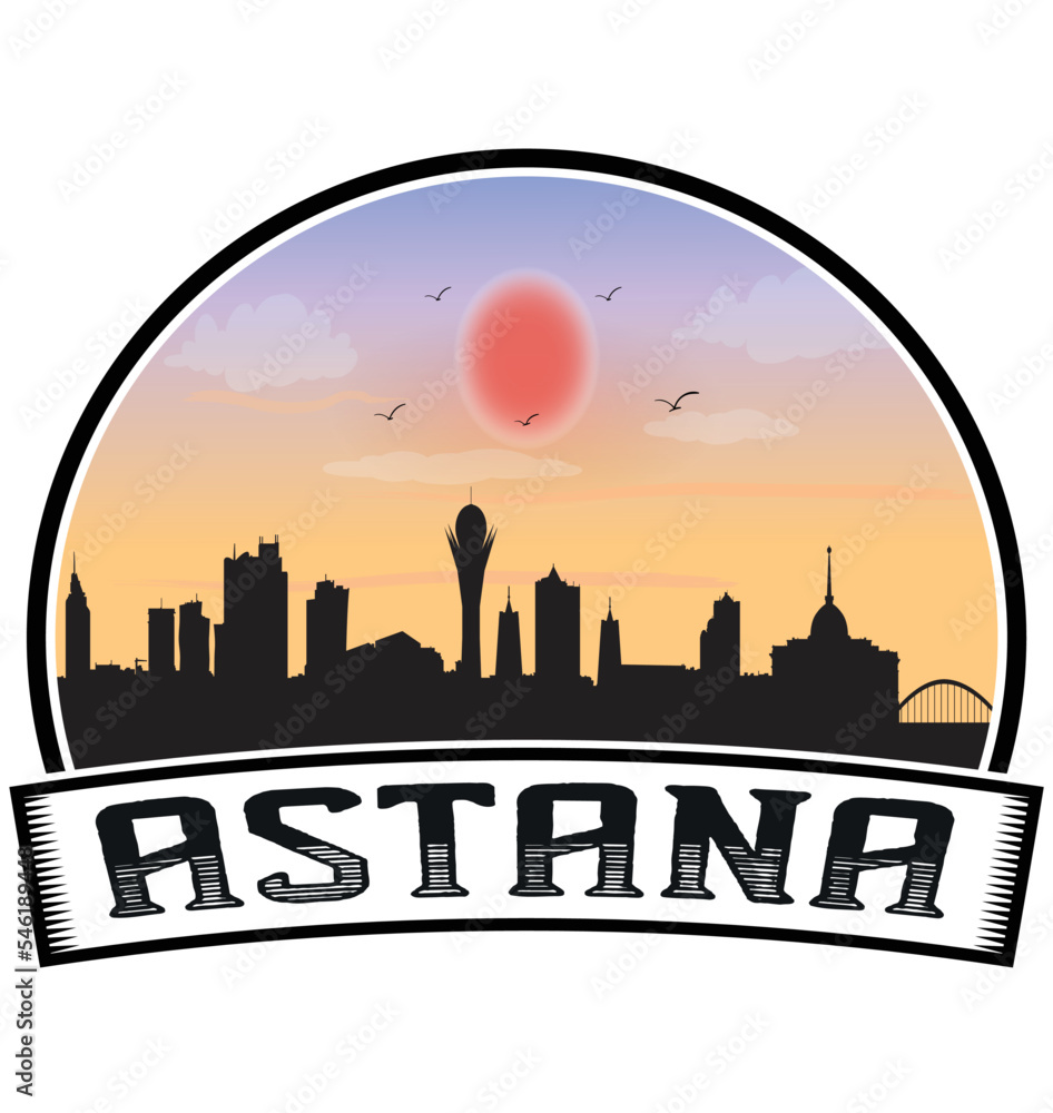 Astana Kazakhstan Skyline Sunset Travel Souvenir Sticker Logo Badge Stamp Emblem Coat of Arms Vector Illustration EPS