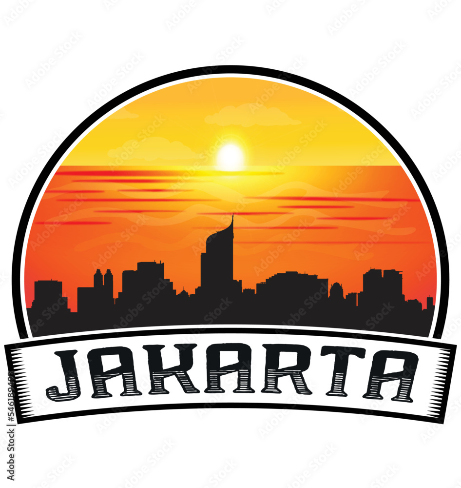 Jakarta Indonesia Skyline Sunset Travel Souvenir Sticker Logo Badge Stamp Emblem Coat of Arms Vector Illustration EPS