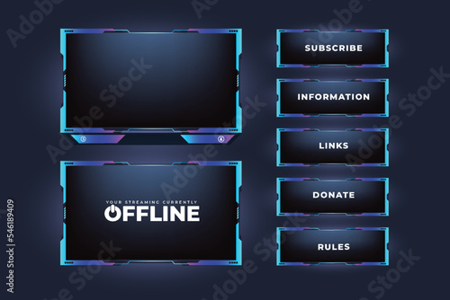 Live online gaming overlay and streaming icon design with buttons. Futuristic live streaming button vector with digital abstract shapes. Broadcast screen overlay design with blue and purple colors.