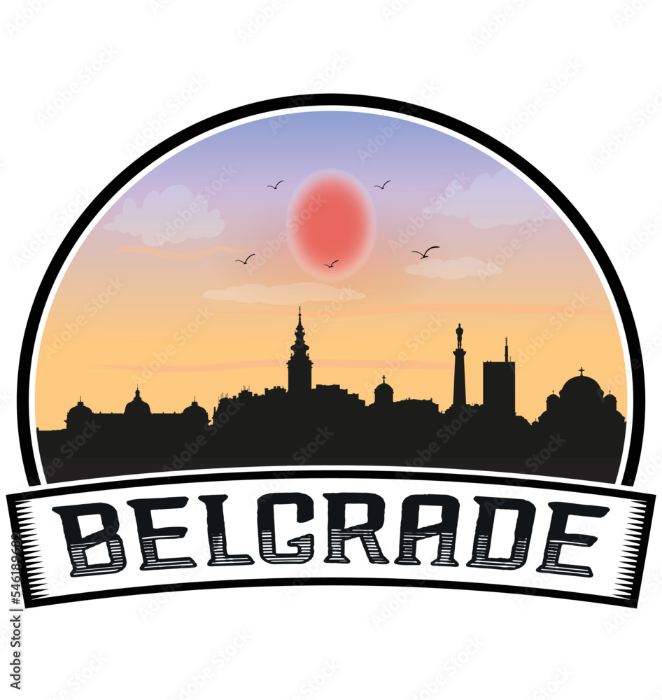 Belgrade Serbia Skyline Sunset Travel Souvenir Sticker Logo Badge Stamp Emblem Coat of Arms Vector Illustration EPS